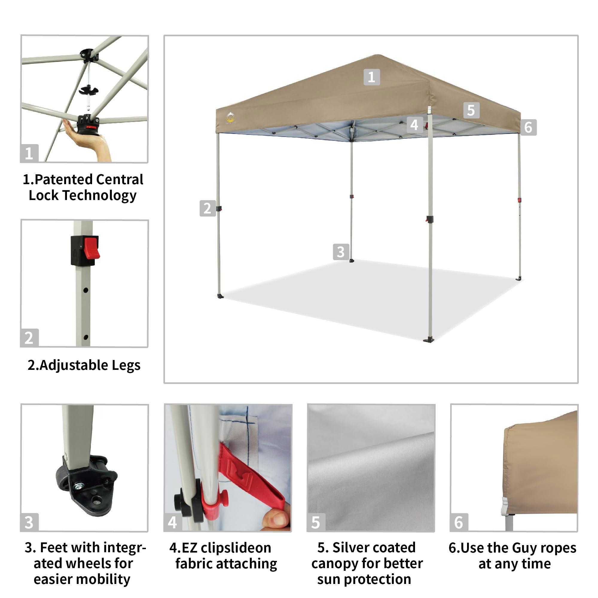 CROWN SHADES 8x8 Ft Pop Up Outdoor Canopy Tent with 1 Push Center Lock, Beige