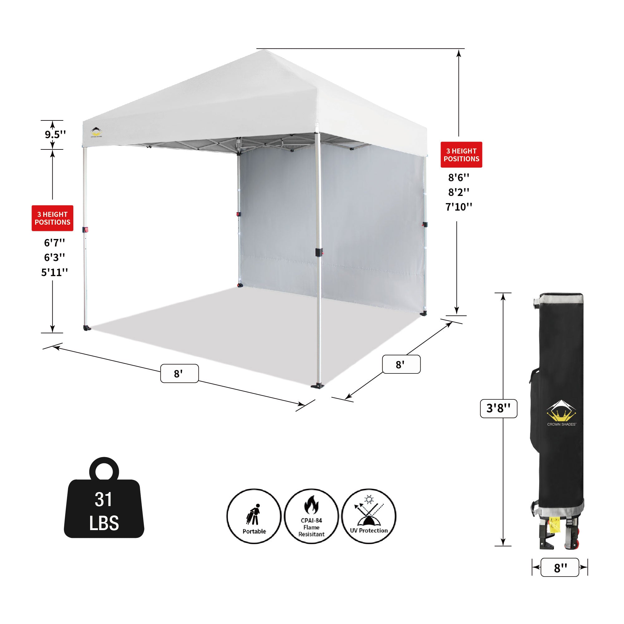 CROWN SHADES 8x8 Ft Pop Up Canopy Tent w/ Sidewall & 1 Push Center Lock, White