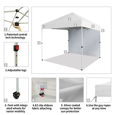 CROWN SHADES 8x8 Ft Pop Up Canopy Tent w/ Sidewall & 1 Push Center Lock, White