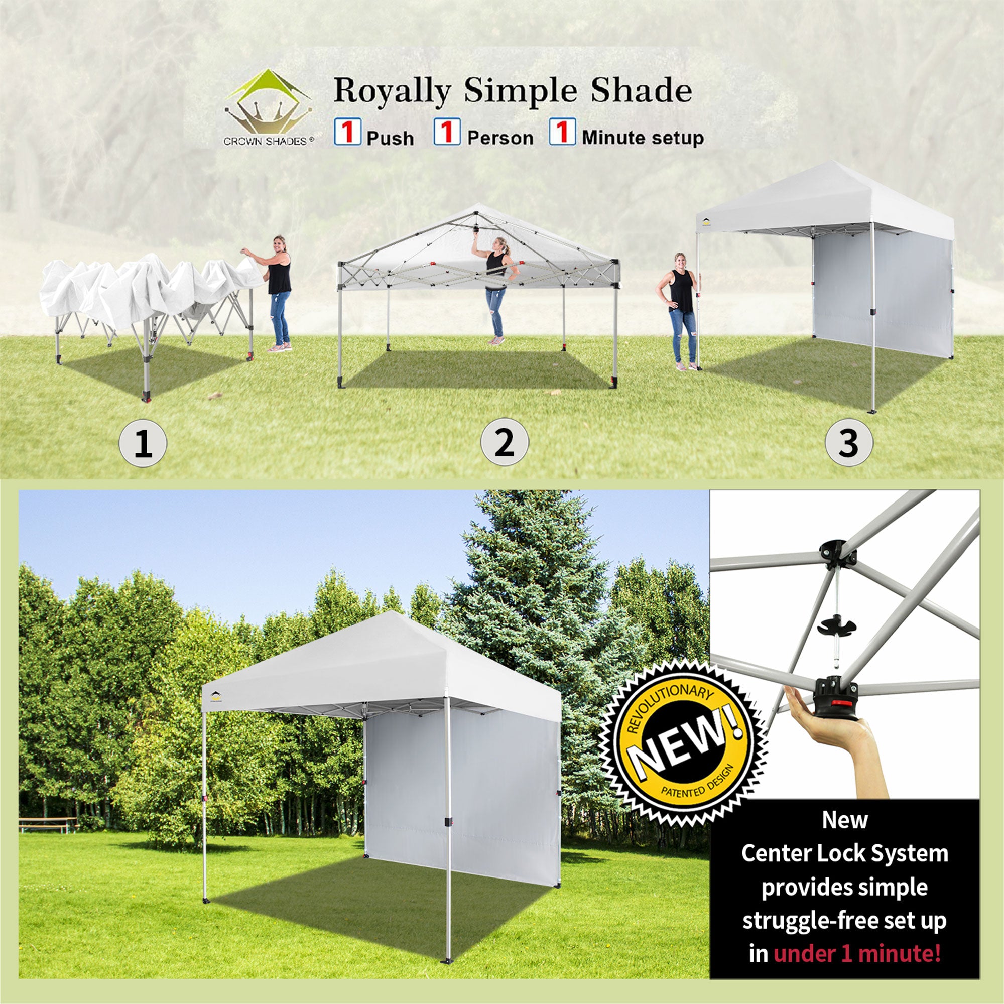 CROWN SHADES 8x8 Ft Pop Up Canopy Tent w/ Sidewall & 1 Push Center Lock, White