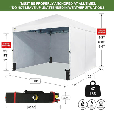 CROWN SHADES 10x10 Ft Pop Up Canopy Tent with 2 Wheels and 4 Sidewalls, White - VMInnovations