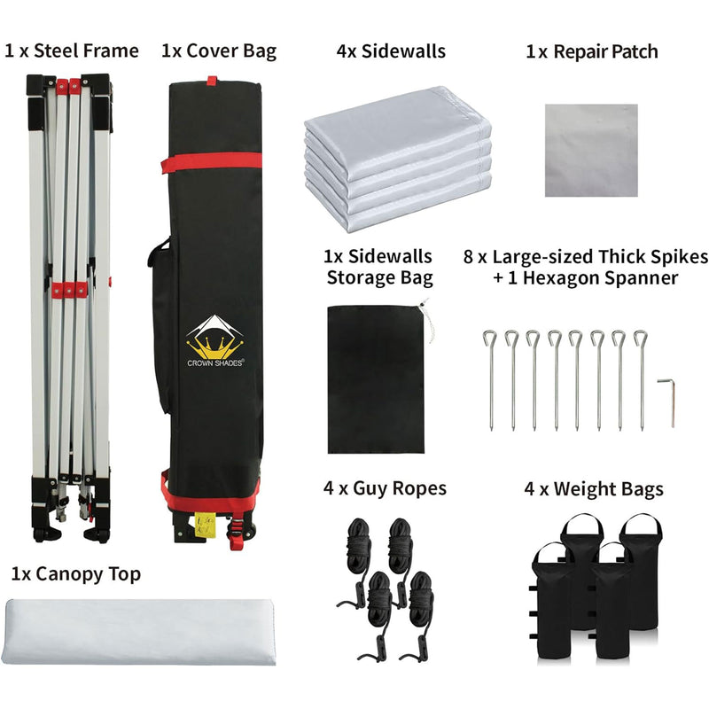 CROWN SHADES 10x10 Ft Pop Up Canopy w/2 Wheels and 4 Sidewalls, White (Open Box)