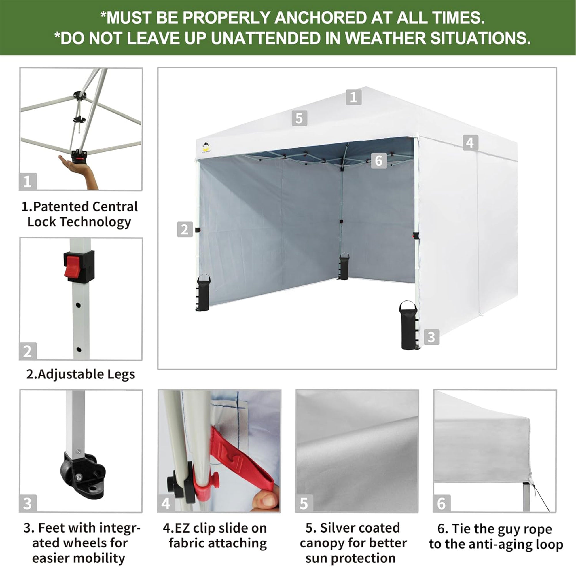 CROWN SHADES 10x10 Ft Pop Up Canopy w/2 Wheels and 4 Sidewalls, White (Open Box) - VMInnovations