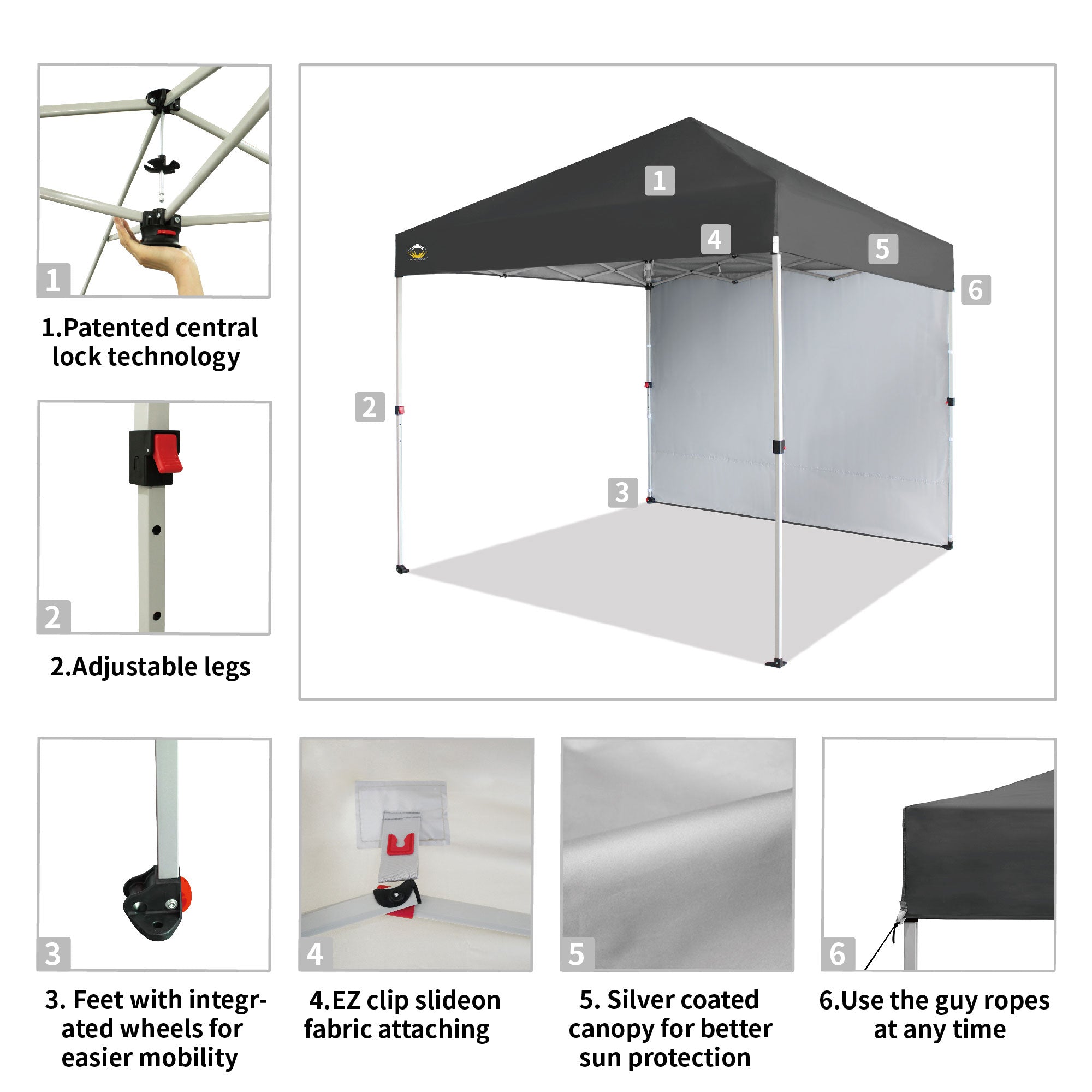 CROWN SHADES 8x8 Ft Pop Up Canopy Tent w/ Sidewall & 1 Push Center Lock, Grey