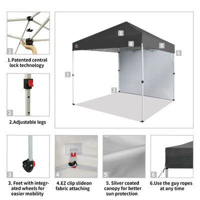 CROWN SHADES 8x8 Ft Pop Up Canopy Tent w/ Sidewall & 1 Push Center Lock, Grey