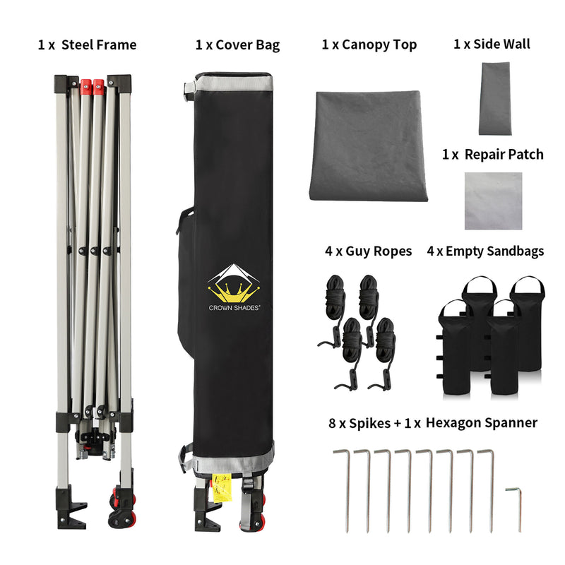 CROWN SHADES 8x8 Ft Pop Up Canopy w/ Sidewall & 1 Push Center Lock, Grey (Used)