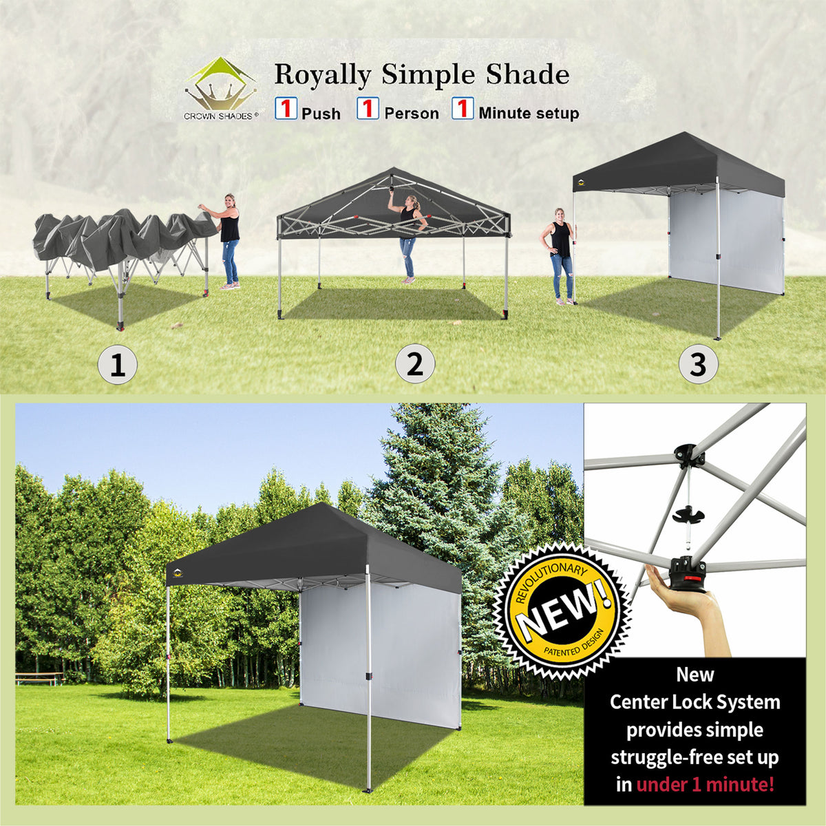 CROWN SHADES 8x8 Ft Pop Up Canopy Tent w/ Sidewall & 1 Push Center Lock, Grey