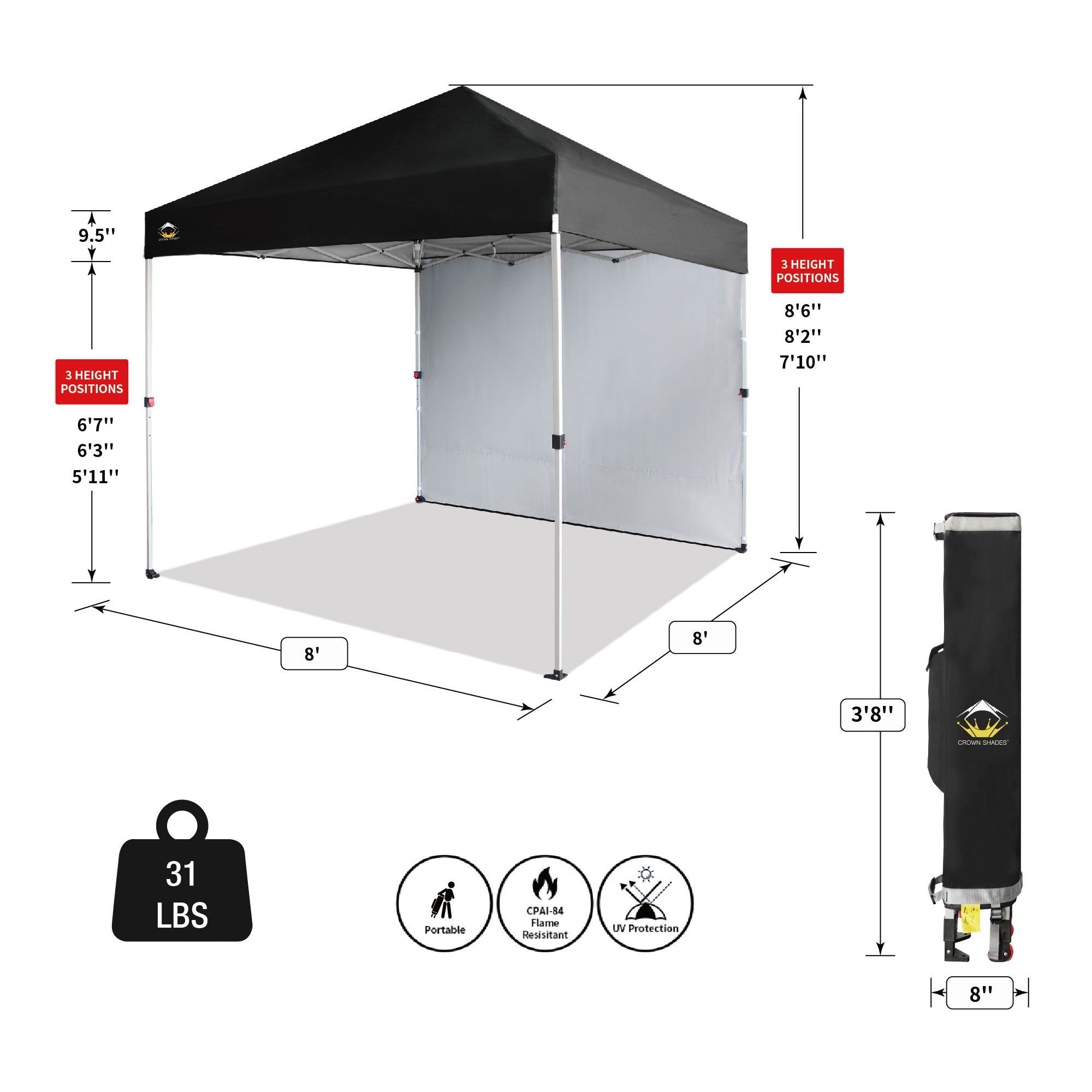 CROWN SHADES 8x8 Ft Pop Up Canopy Tent w/ Sidewall & 1 Push Center Lock, Black