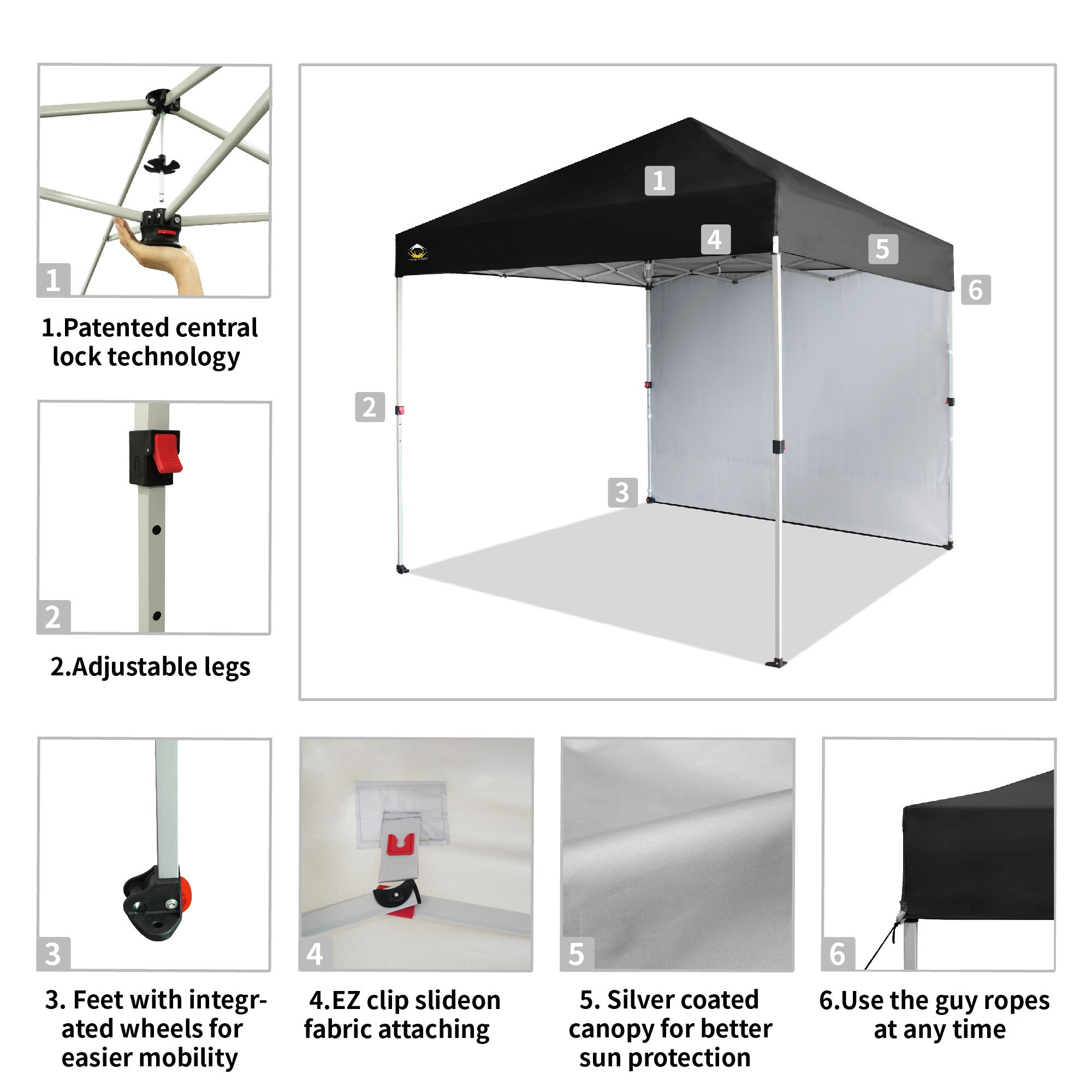 CROWN SHADES 8x8 Ft Pop Up Canopy Tent w/ Sidewall & 1 Push Center Lock, Black
