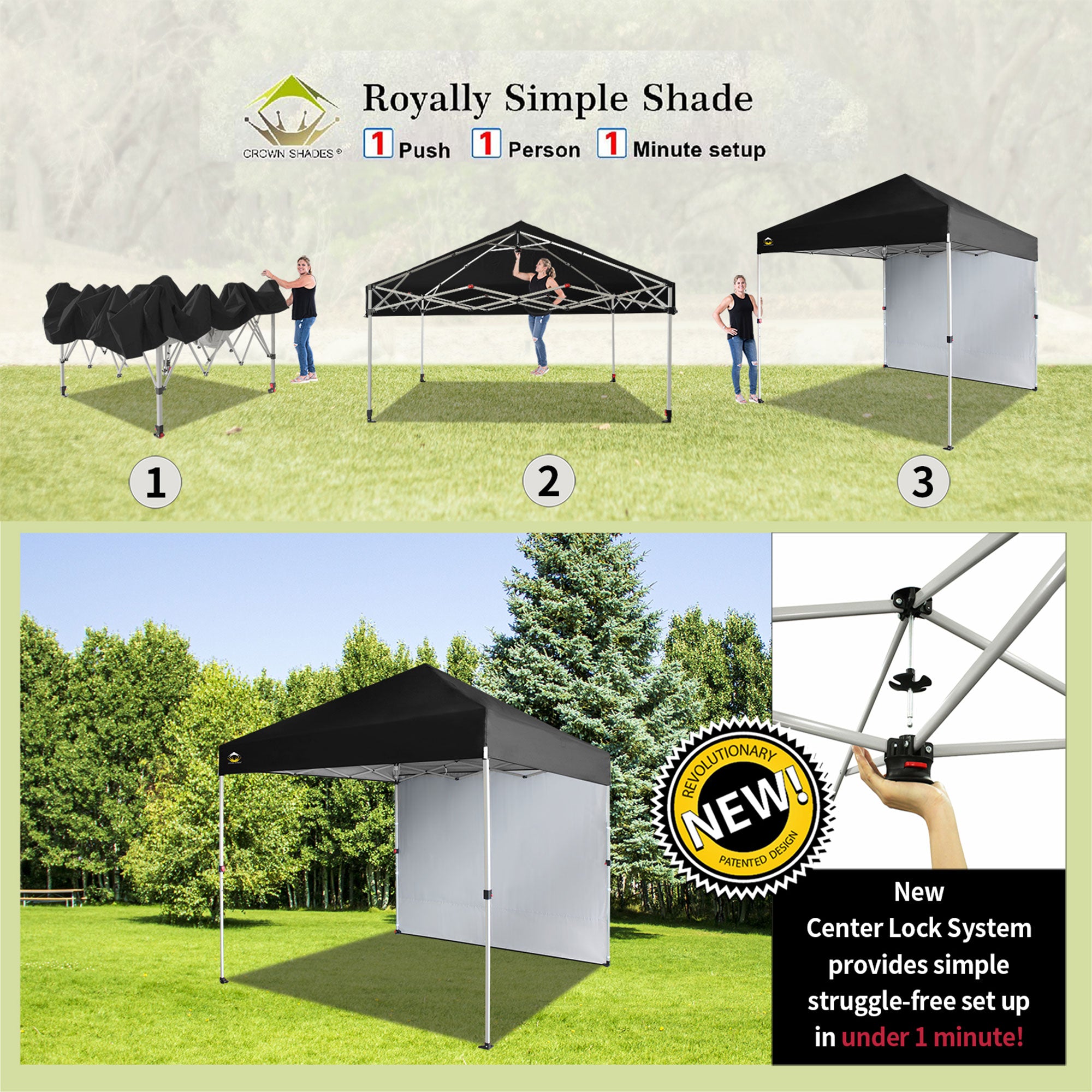 CROWN SHADES 8x8 Ft Pop Up Canopy Tent w/ Sidewall & 1 Push Center Lock, Black