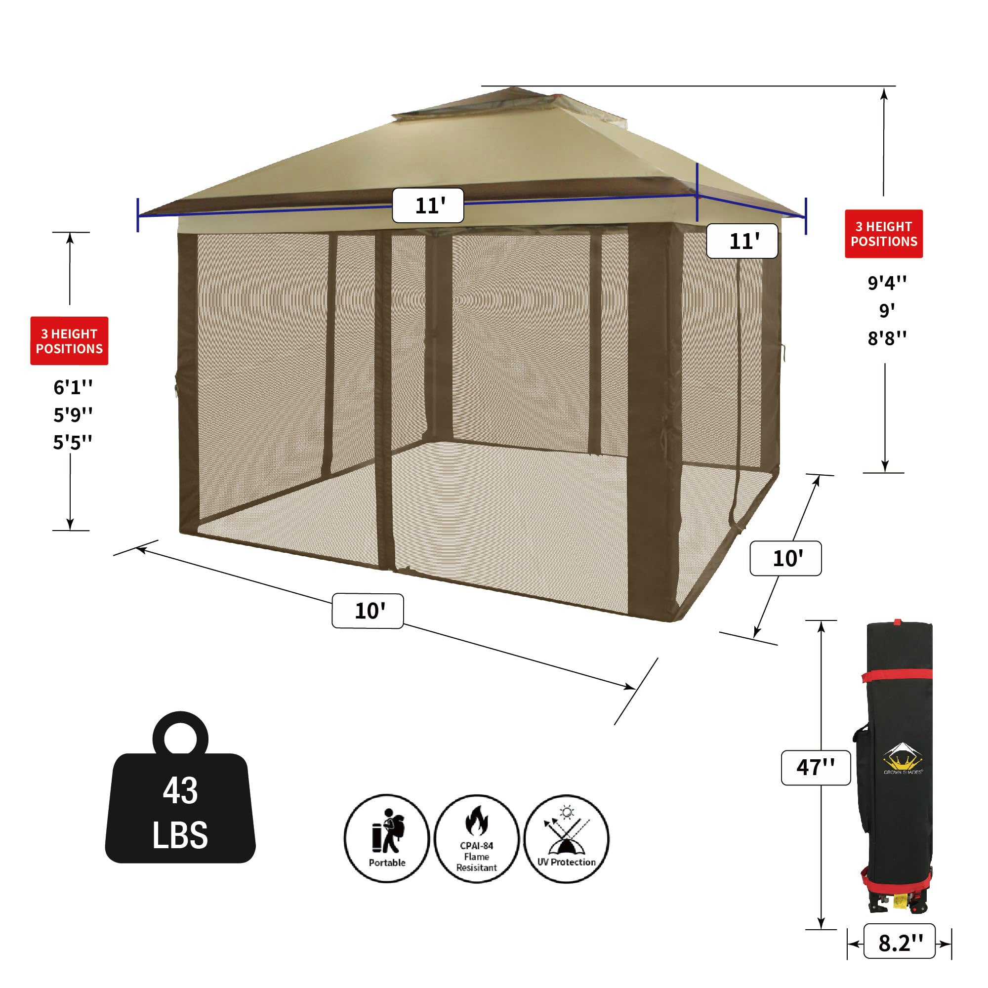 CROWN SHADES 11 x 11 Ft Pop Up Gazebo Shelter w/Mosquito Net Walls, Beige/Coffee