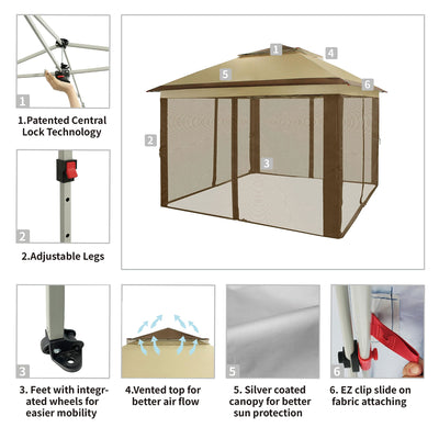 CROWN SHADES 11 x 11 Ft Pop Up Gazebo Shelter w/Net Walls, Beige/Coffee (Used)