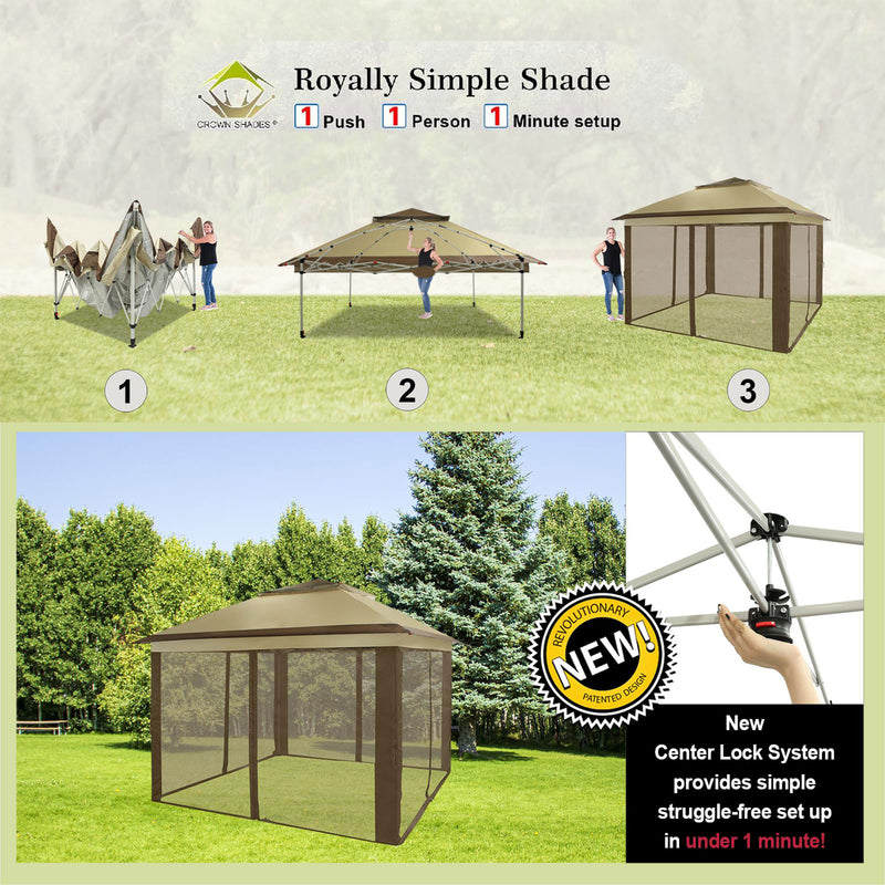 CROWN SHADES 11 x 11 Ft Pop Up Gazebo Shelter w/Net Walls, Beige/Coffee (Used)