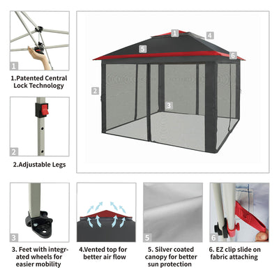 CROWN SHADES 11 x 11 Ft Pop Up Gazebo Shelter w/Mosquito Net Sidewalls, Red/Grey