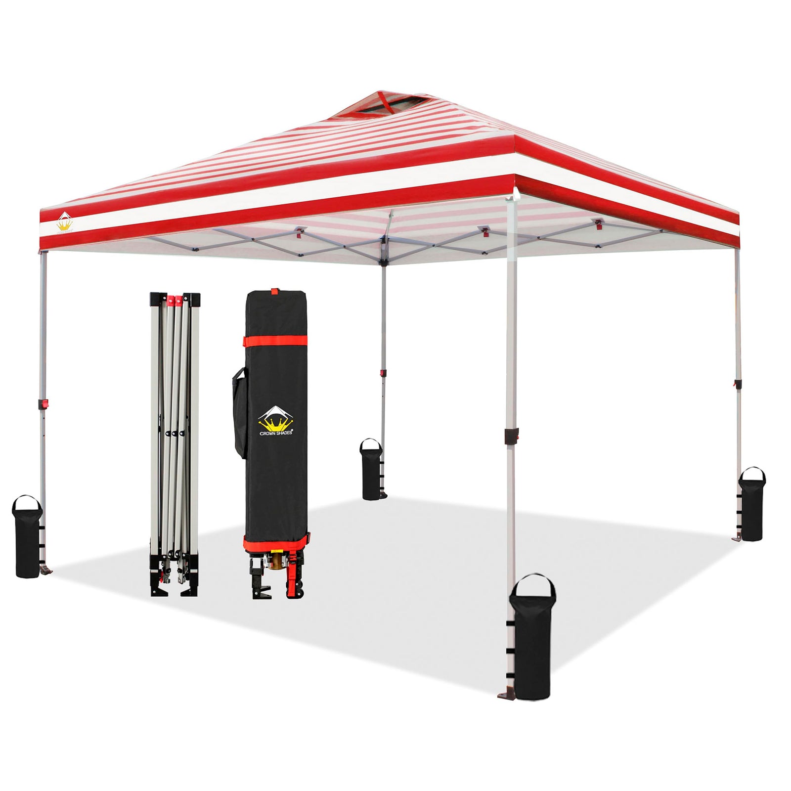 CROWN SHADES 10x10 Ft Pop Up Outdoor Canopy Tent, 1 Push Lock, Red Stripe (Used) - VMInnovations