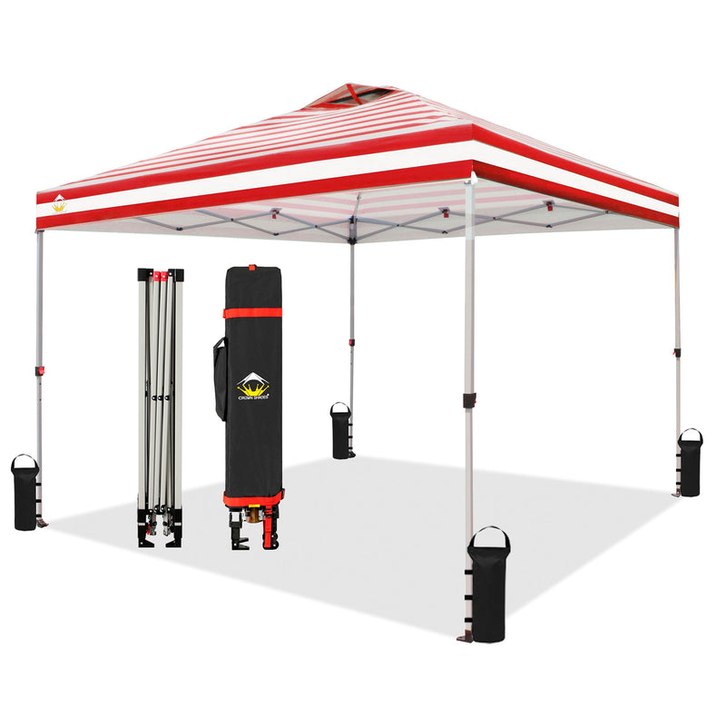 CROWN SHADES 10x10 Ft Pop Up Outdoor Canopy Tent, 1 Push Lock, Red Stripe (Used)