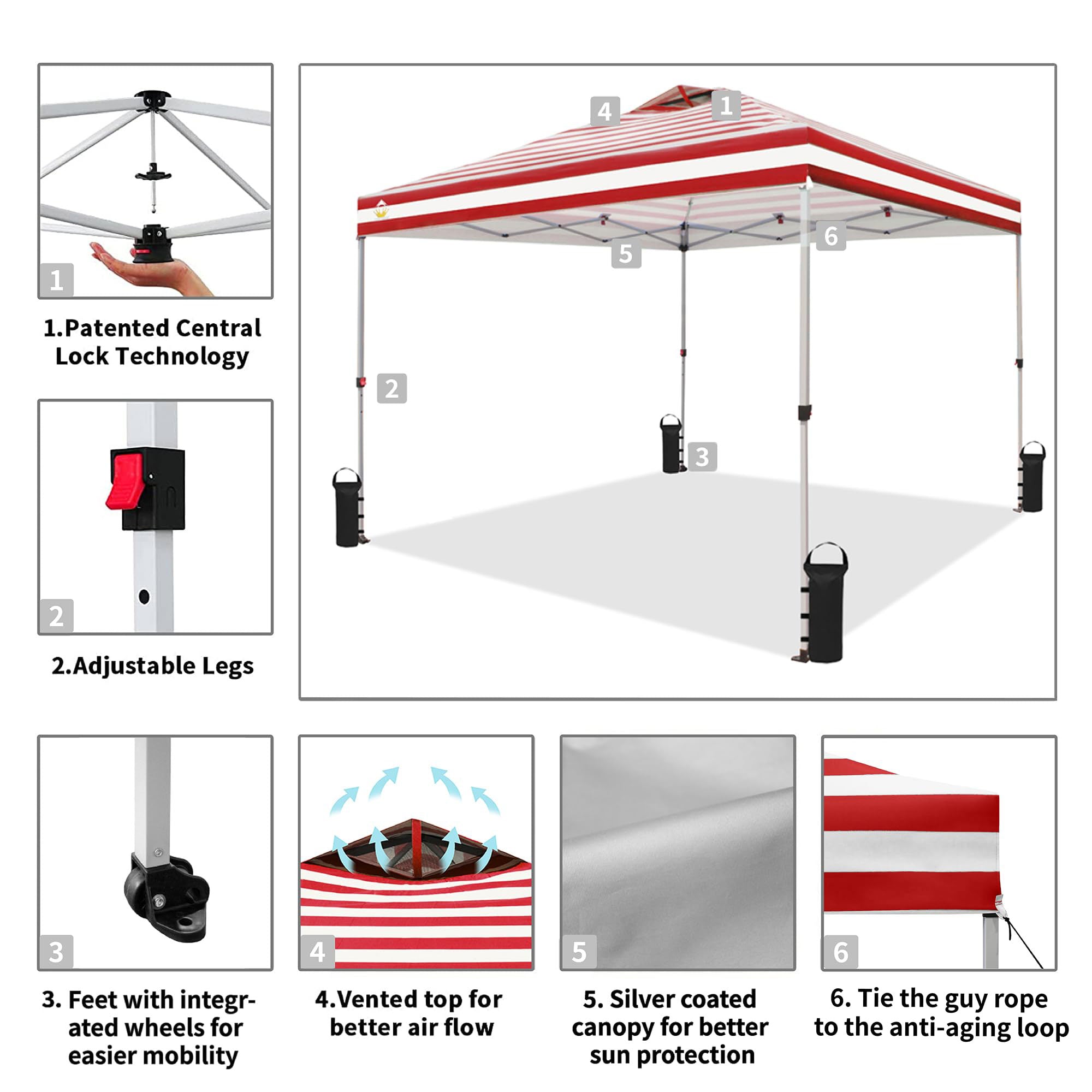 CROWN SHADES 10x10 Ft Pop Up Outdoor Canopy Tent, 1 Push Center Lock, Red Stripe - VMInnovations