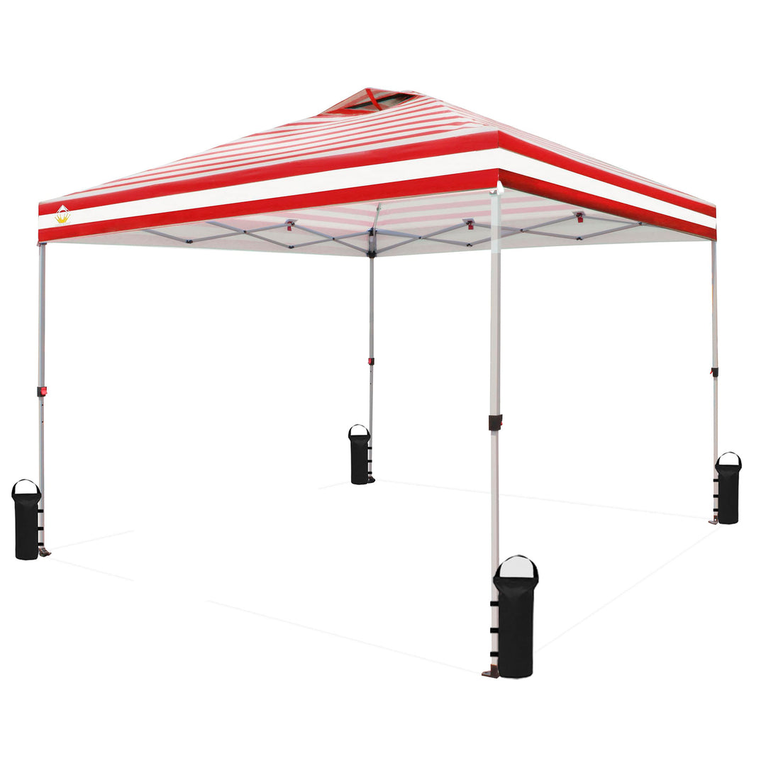 CROWN SHADES 10x10 Ft Pop Up Outdoor Canopy Tent, 1 Push Lock, Red Stripe (Used)