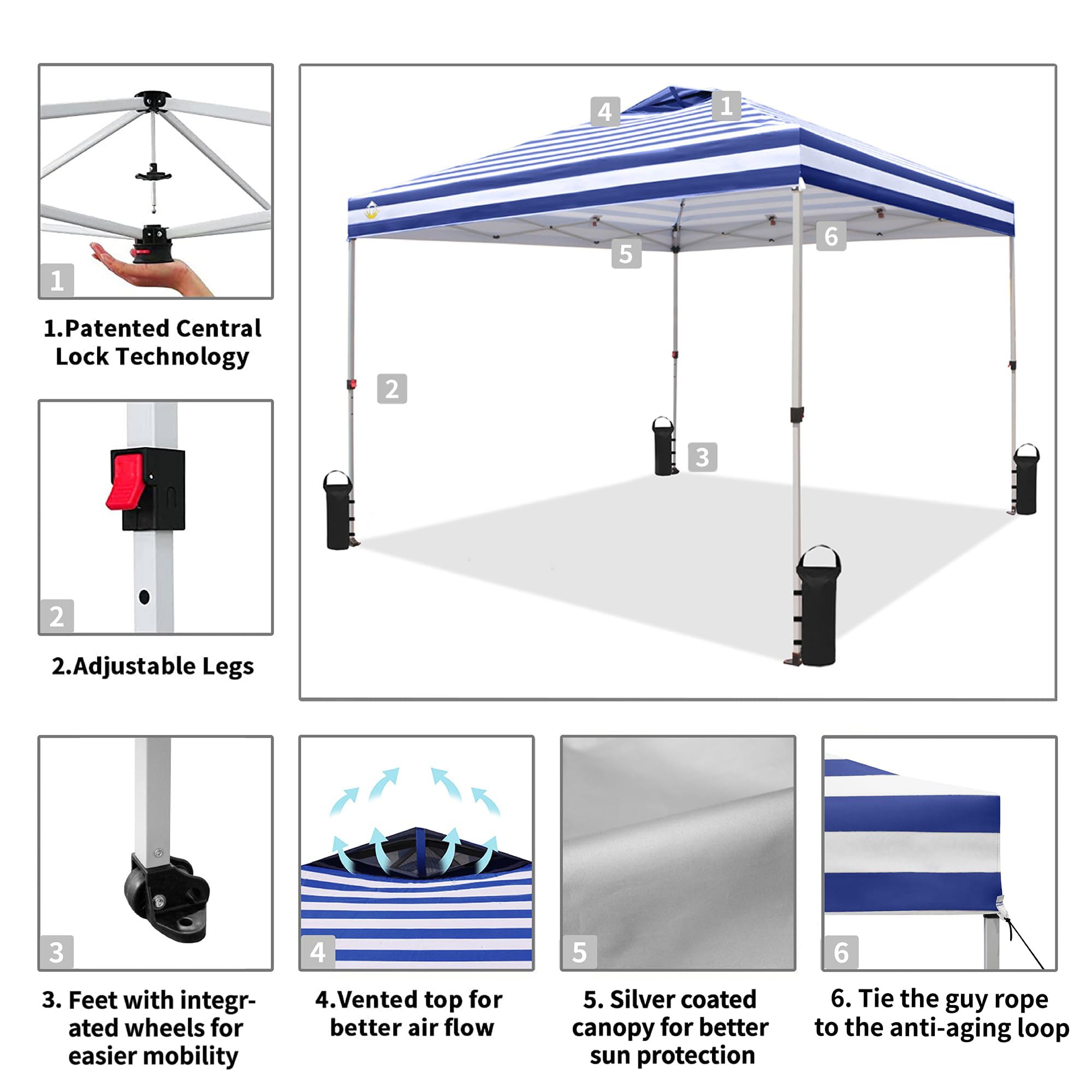 CROWN SHADES 10x10 Ft Pop Up Outdoor Canopy Tent, Push Center Lock, Navy Stripe
