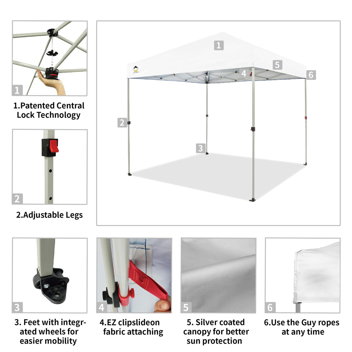 CROWN SHADES 8x8 Ft Pop Up Outdoor Canopy Tent with 1 Push Center Lock, White
