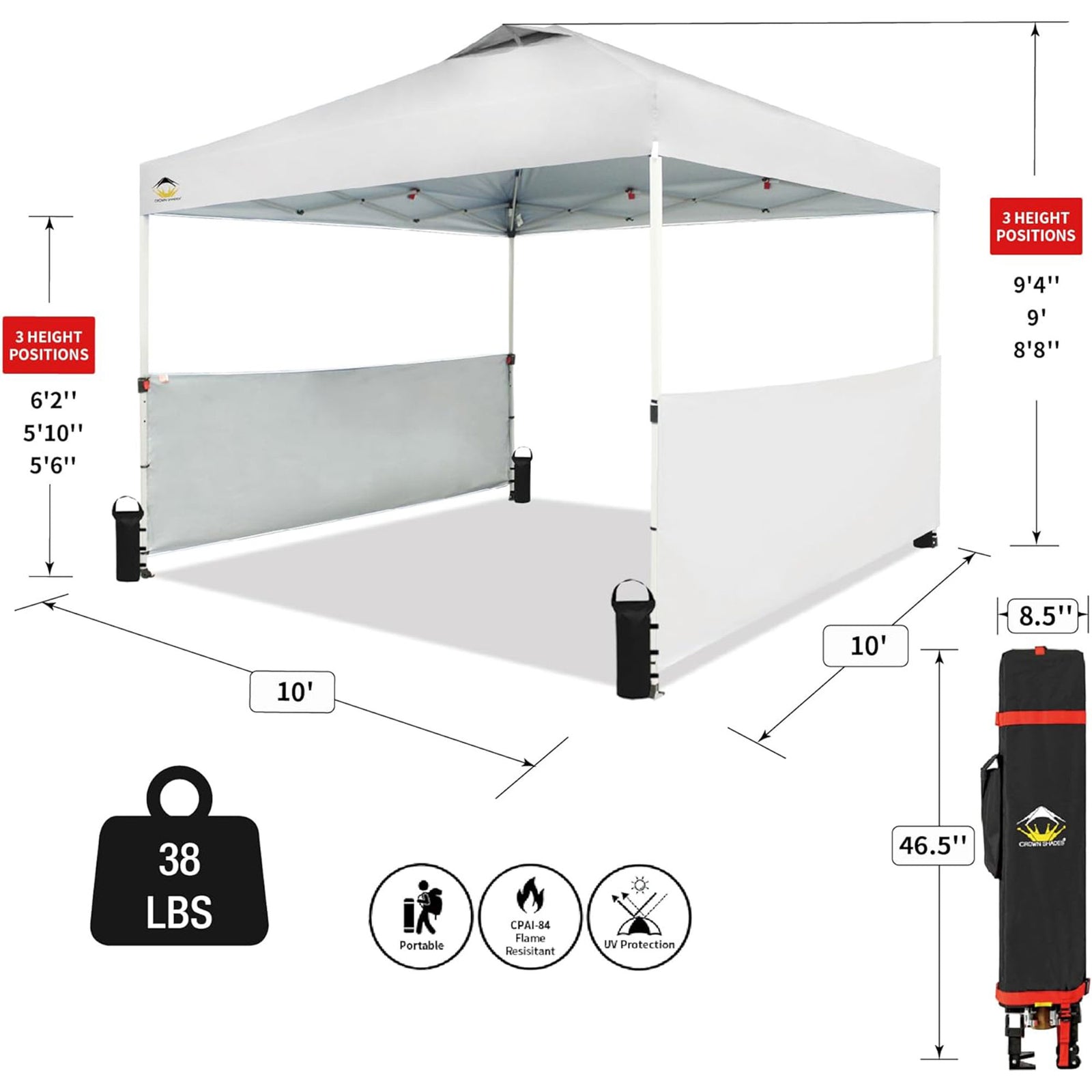 CROWN SHADES 10x10 Ft Pop Up Outdoor Canopy Tent w/2 Half Sidewalls, White(Used) - VMInnovations