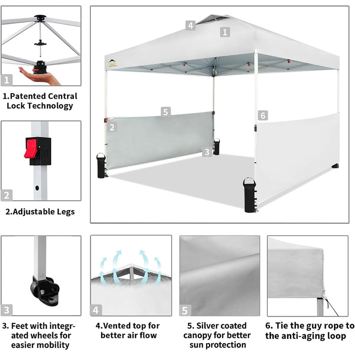 CROWN SHADES 10x10 Ft Pop Up Outdoor Canopy Tent w/2 Half Sidewalls, White(Used)