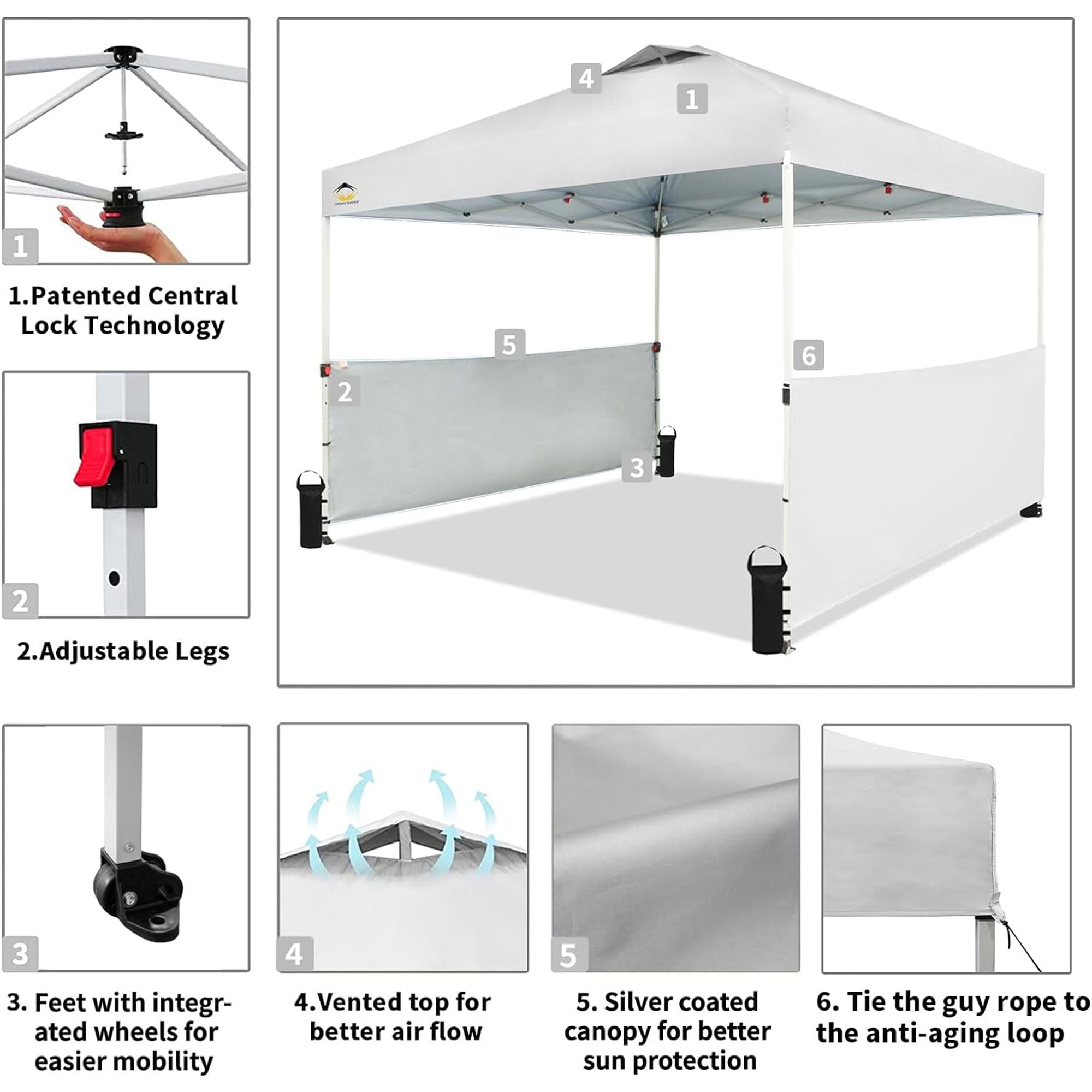 CROWN SHADES 10x10 Ft Pop Up Outdoor Canopy Tent with 2 Half Sidewalls, White
