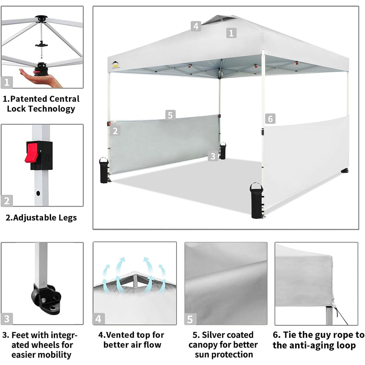 CROWN SHADES 10x10 Ft Pop Up Outdoor Canopy Tent with 2 Half Sidewalls, White