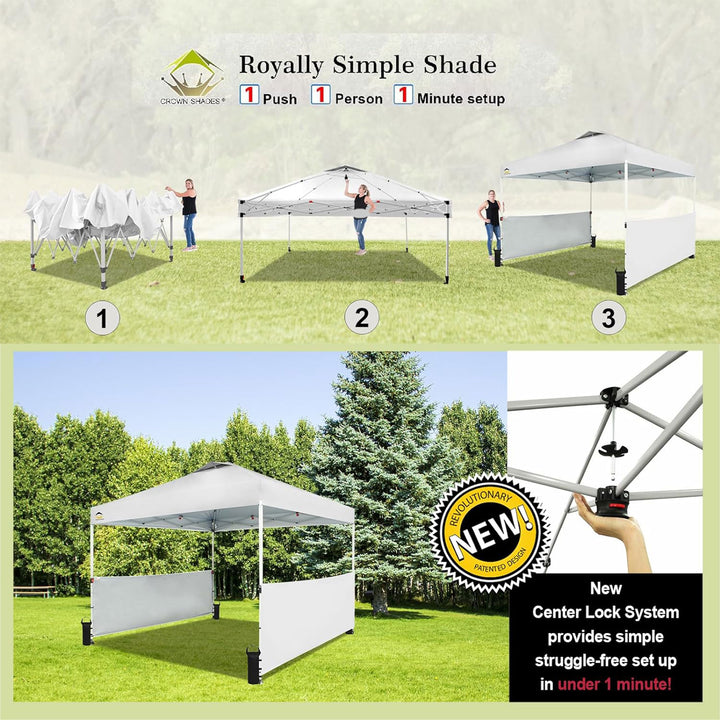 CROWN SHADES 10x10 Ft Pop Up Outdoor Canopy Tent w/2 Half Sidewalls, White(Used)