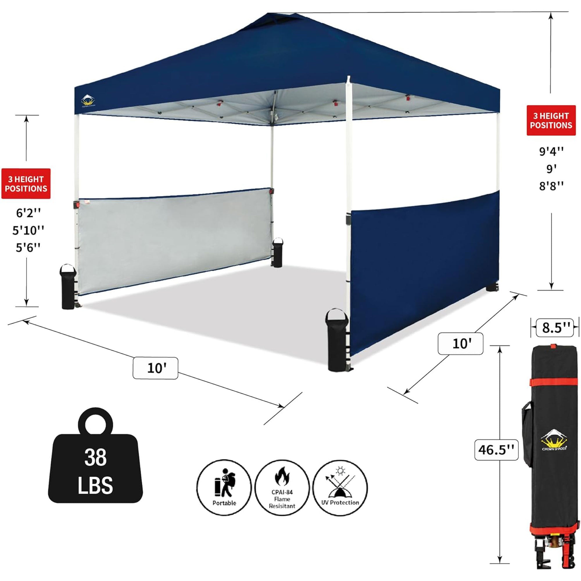 CROWN SHADES 10x10 Ft Pop Up Outdoor Canopy Tent w/ 2 Half Sidewalls, Navy Blue
