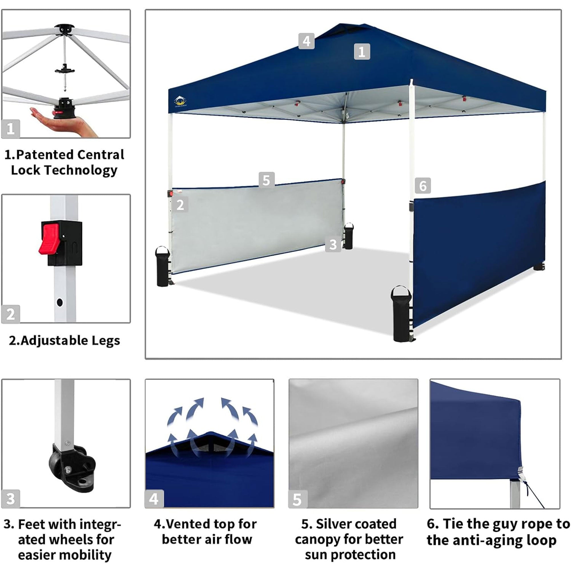 CROWN SHADES 10x10 Ft Pop Up Outdoor Canopy Tent w/ 2 Half Sidewalls, Navy Blue