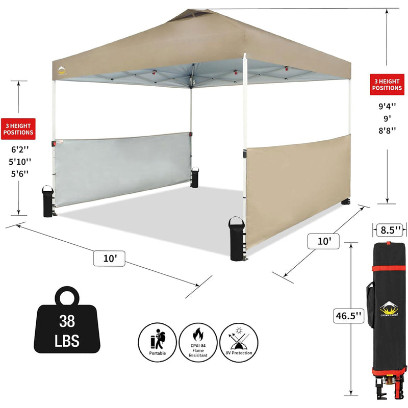 CROWN SHADES 10x10 Ft Pop Up Outdoor Canopy Tent w/2 Half Sidewalls, Beige(Used)