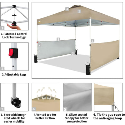 CROWN SHADES 10x10 Ft Pop Up Outdoor Canopy Tent w/2 Half Sidewalls, Beige(Used)