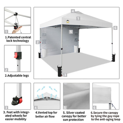 CROWN SHADES 10x10 Ft Pop Up Canopy Tent with Organizer Pocket Sidewall, White