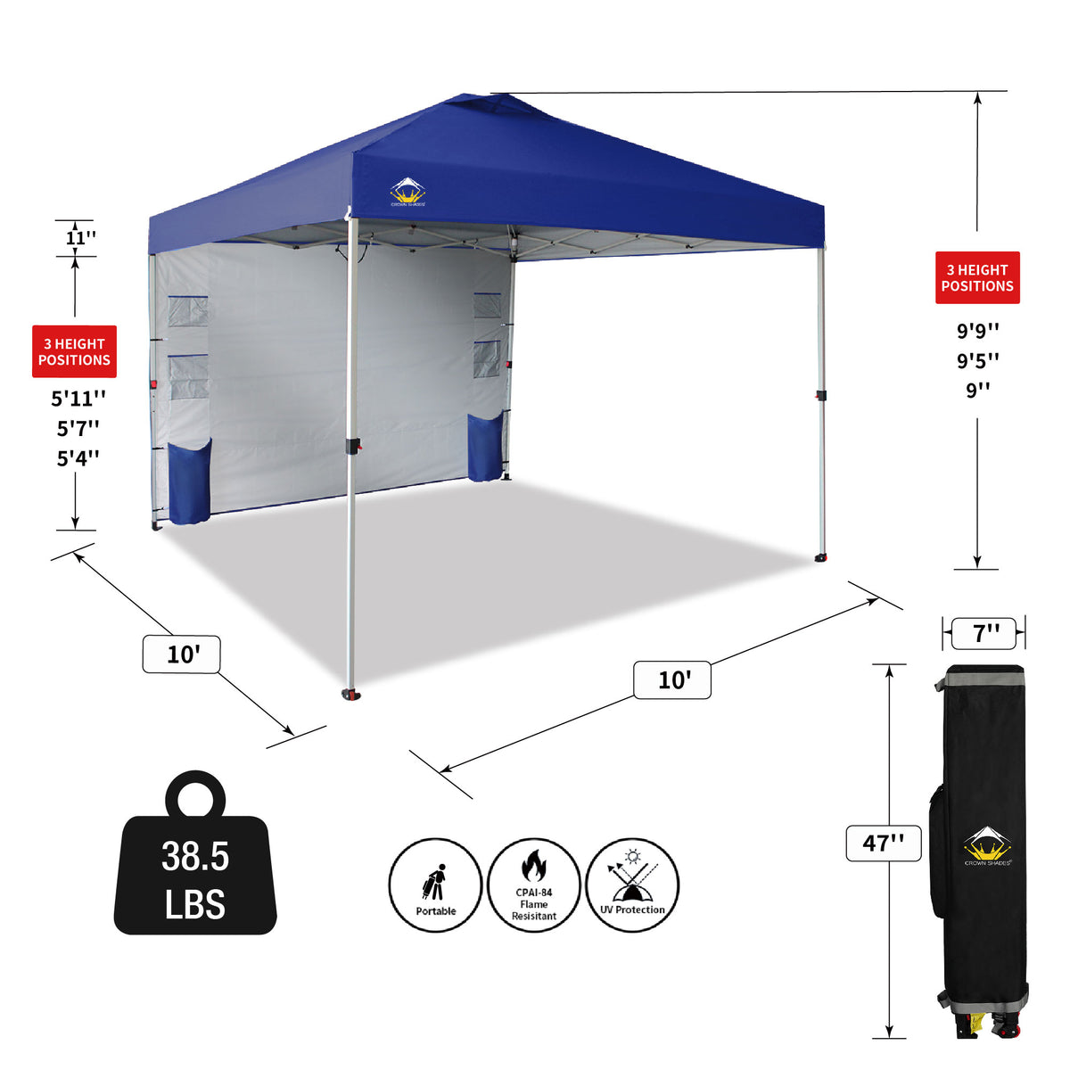 CROWN SHADES 10x10 Ft Pop Up Canopy Tent w/Organizer Pocket Sidewall, Navy Blue