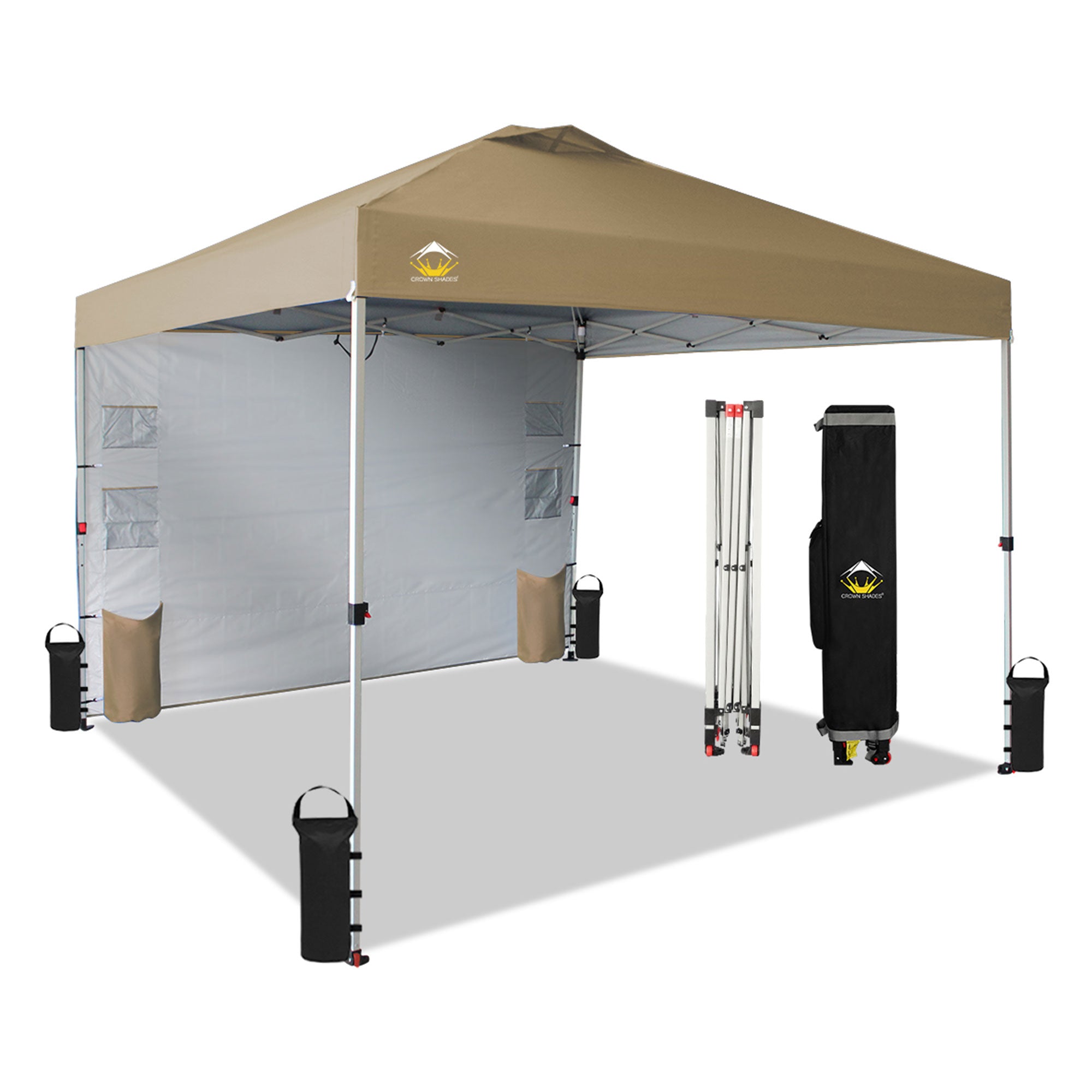 CROWN SHADES 10x10 Ft Pop Up Canopy Tent with Organizer Pocket Sidewall, Beige - VMInnovations
