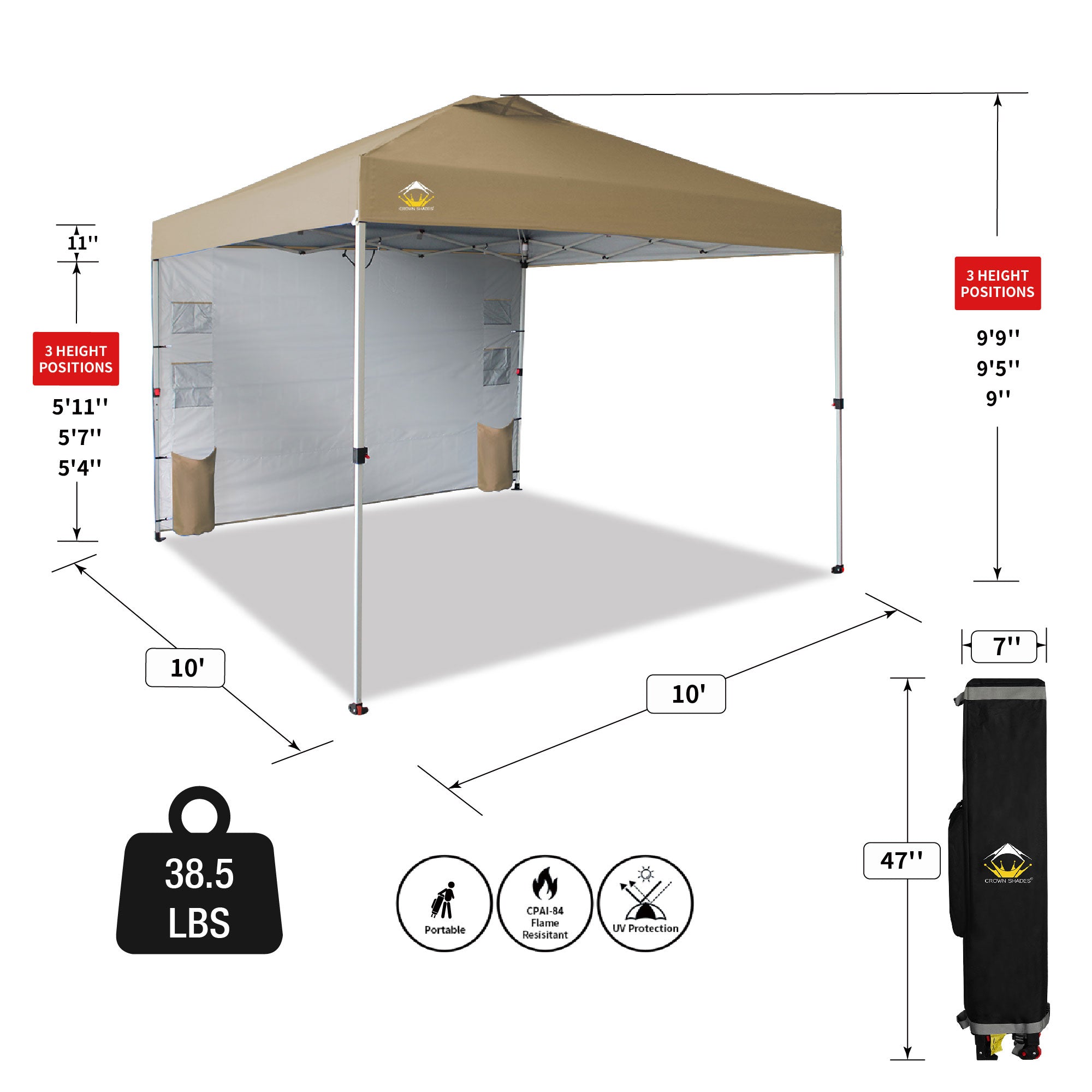 CROWN SHADES 10x10 Ft Pop Up Canopy Tent with Organizer Pocket Sidewall, Beige - VMInnovations