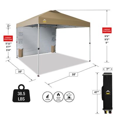 CROWN SHADES 10x10 Ft Pop Up Canopy Tent with Organizer Pocket Sidewall, Beige - VMInnovations
