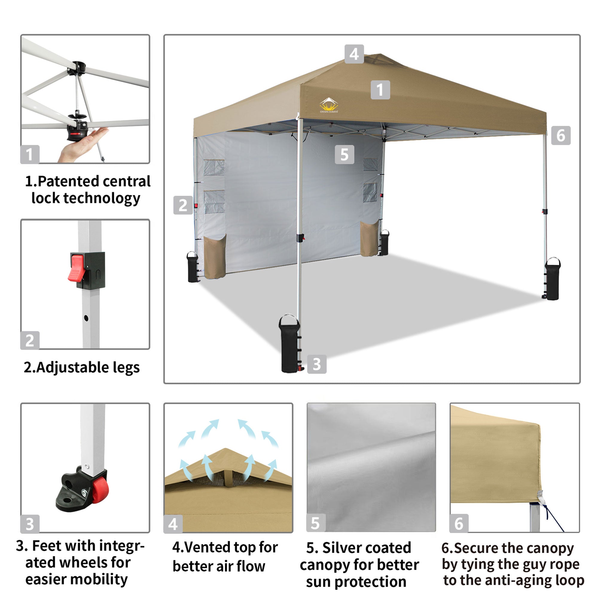 CROWN SHADES 10x10 Ft Pop Up Canopy Tent with Organizer Pocket Sidewall, Beige - VMInnovations
