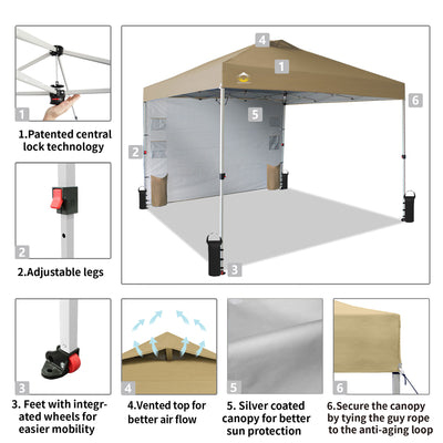 CROWN SHADES 10x10 Ft Pop Up Canopy Tent with Organizer Pocket Sidewall, Beige - VMInnovations