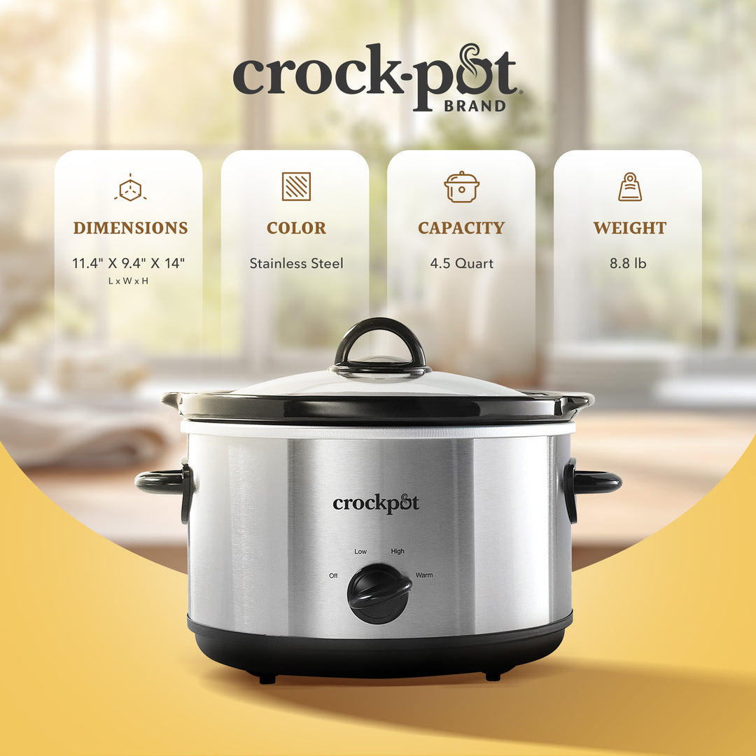 Crock-Pot 4.5 Quarts Slow Cooker w/3 Heat Settings, Silver (Open Box) - VMInnovations