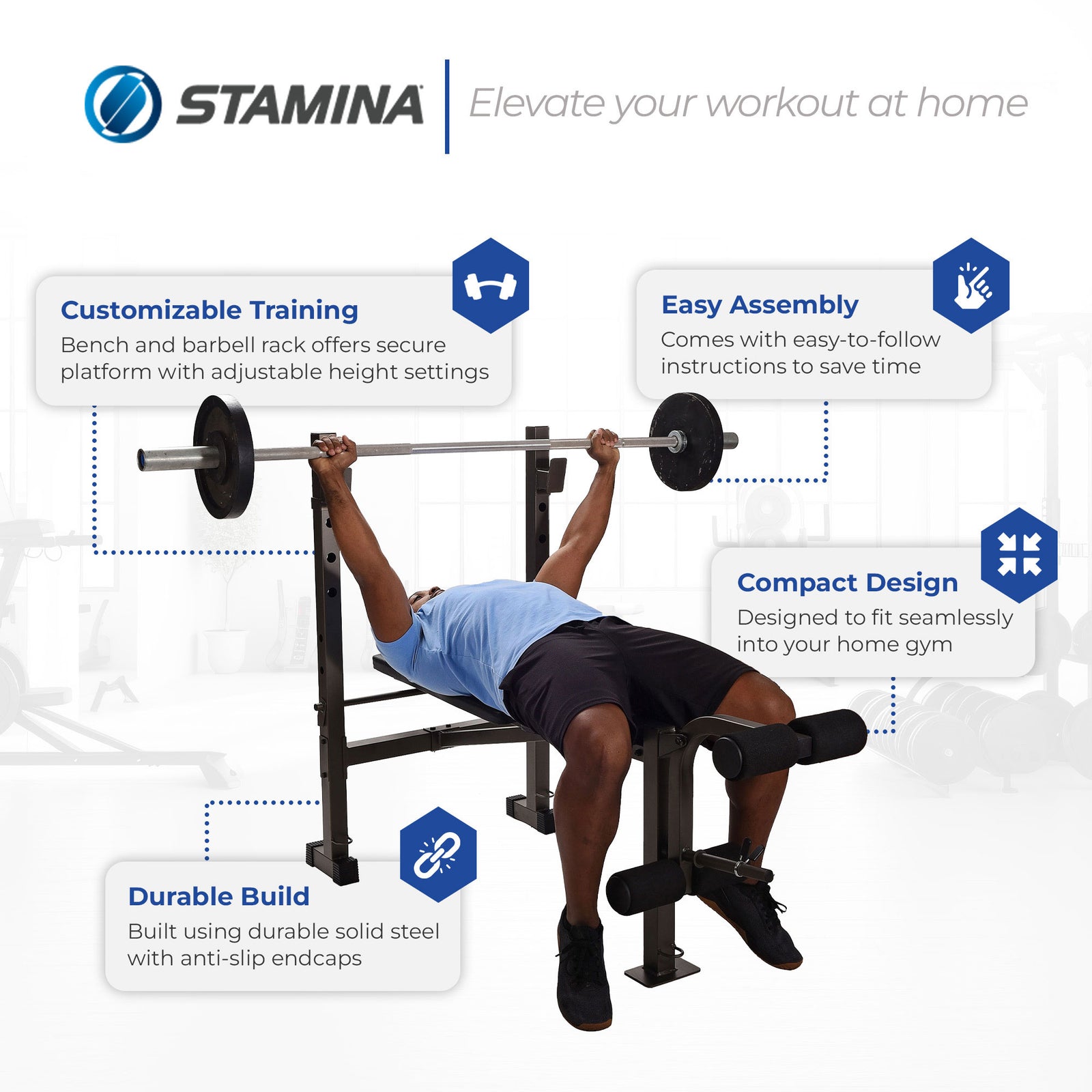 Stamina Steel Weight Bench Barbell Rack Combo Set for Home Gym, Black (Open Box) - VMInnovations