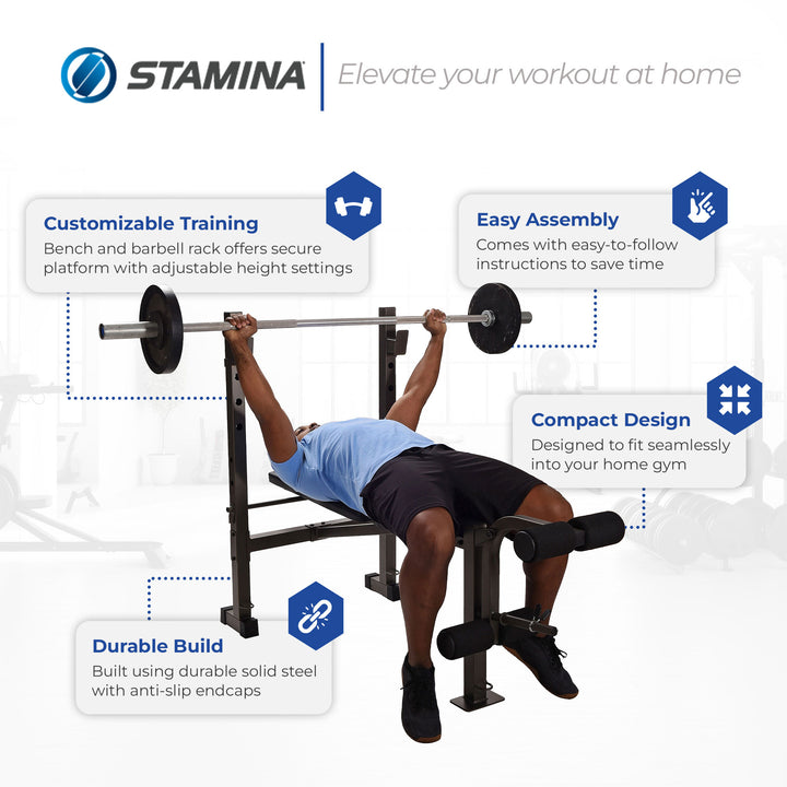 Stamina Steel Weight Bench Barbell Rack Combo Set for Home Gym, Black (Open Box) - VMInnovations