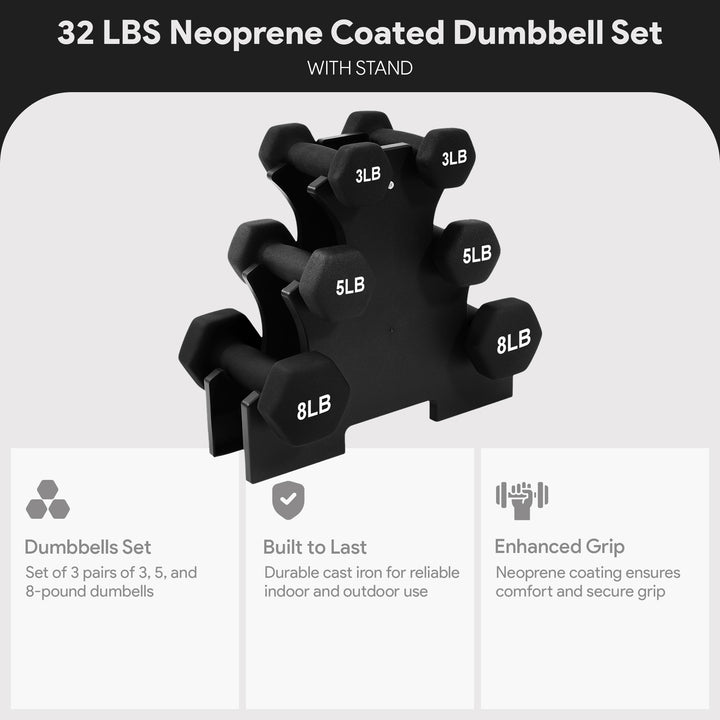 BalanceFrom Neoprene Dumbbells, 3 Pair Hand Weights Set with Stand, 32 Lb, Black