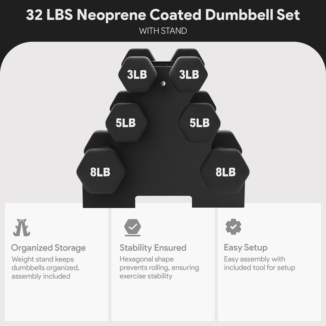 BalanceFrom Neoprene Dumbbells, 3 Pair Hand Weights Set with Stand, 32 Lb, Black