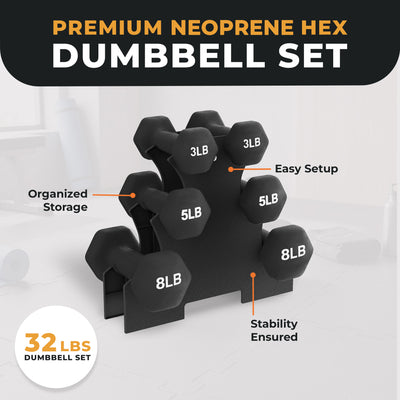 BalanceFrom Neoprene Dumbbells, 3 Pair Hand Weights Set with Stand, 32 Lb, Black