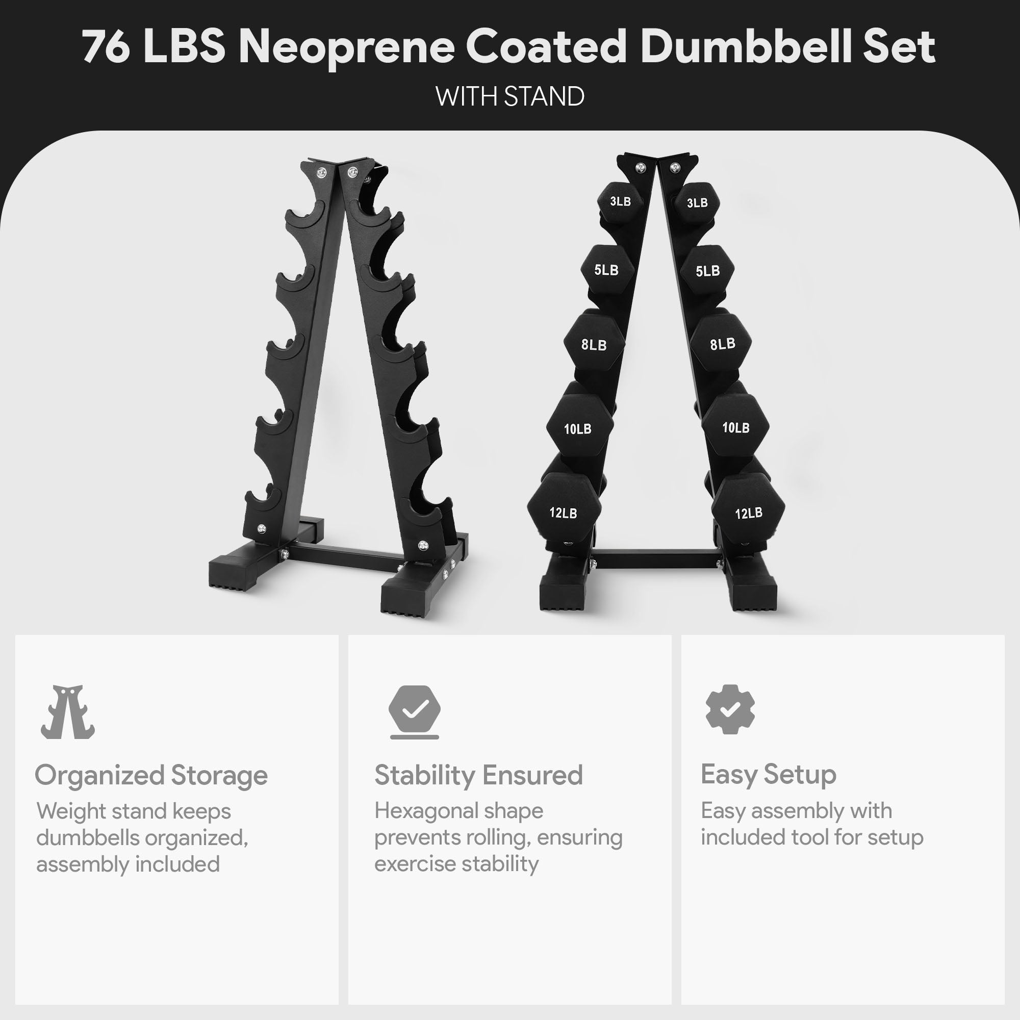 76 Pound Neoprene Coated Dumbbell Set with Stand, Black (Used) - VMInnovations