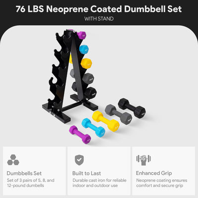 BalanceFrom Fitness 76 Pound Neoprene Coated Dumbbell Set with Stand, Multicolor - VMInnovations