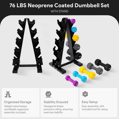 BalanceFrom Fitness 76 Pound Neoprene Coated Dumbbell Set with Stand, Multicolor - VMInnovations