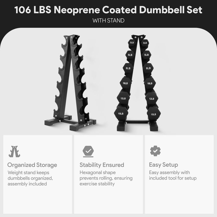 BalanceFrom Fitness 106lb Neoprene Coated Dumbbell Set w/Stand, Black (Open Box)